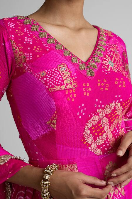 Shop Naina Jain Pink Silk Embroidery, Zari, Patchwork, Zardozi Anarkali With Bandhani Dupatta Online at Aza Fashions Shop_Naina Jain_Pink Silk Embroidery, Zari, Patchwork, Zardozi Anarkali With Bandhani Dupatta _Online_at_Aza_Fashions