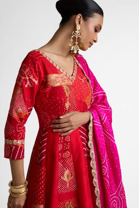 Buy_Naina Jain_Red Silk Gota Patti, Embroidery V-neck Anarkali With Dupatta _Online_at_Aza_Fashions