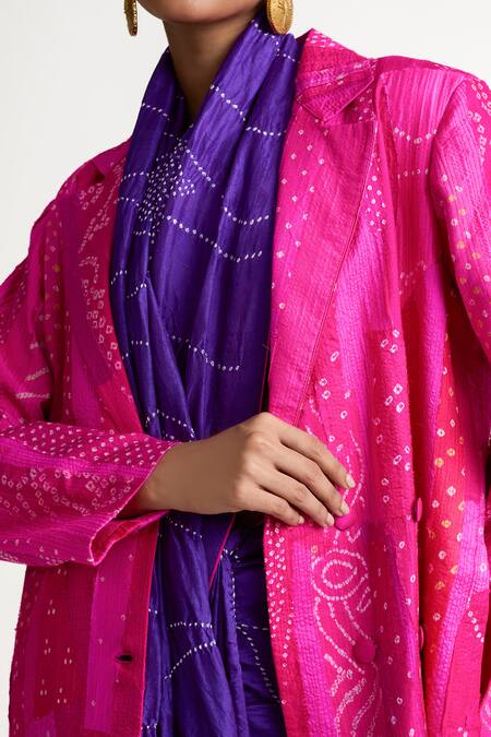 Buy_Naina Jain_Pink Silk Collared Bandhani Print Longline Jacket _Online_at_Aza_Fashions