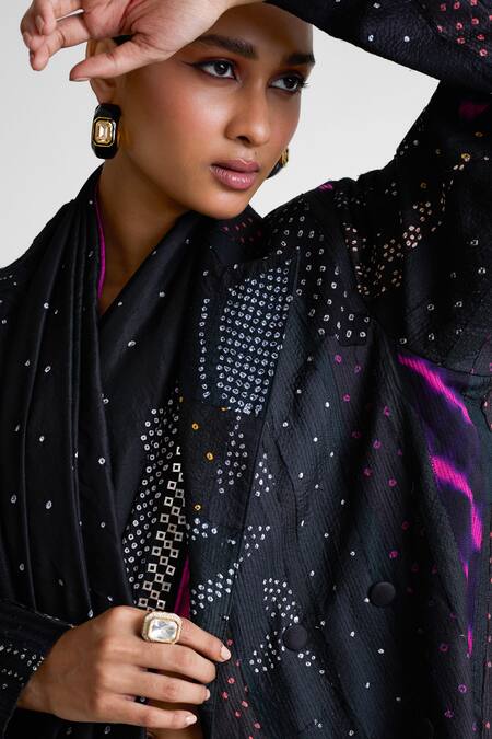 Shop_Naina Jain_Black Silk Embroidery Collared Printed Longline Jacket _Online_at_Aza_Fashions