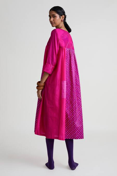 Naina Jain_Magenta Silk Round Neck Bandhani Print Midi Dress _Online_at_Aza_Fashions