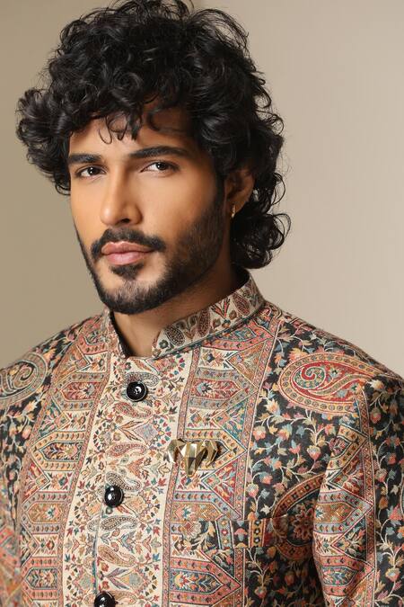 Shop Dusala Multi Color Pashmina Paisley Pattern Bandhgala Shop_Dusala_Multi Color Pashmina Paisley Pattern Bandhgala