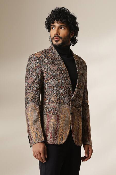 Shop Dusala Multi Color Pashmina Paisley And Geometric Pattern Blazer Online at Aza Fashions Shop_Dusala_Multi Color Pashmina Paisley And Geometric Pattern Blazer _Online_at_Aza_Fashions