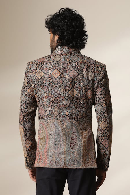Shop Dusala Multi Color Pashmina Paisley And Geometric Pattern Blazer at Aza Fashions Shop_Dusala_Multi Color Pashmina Paisley And Geometric Pattern Blazer _at_Aza_Fashions