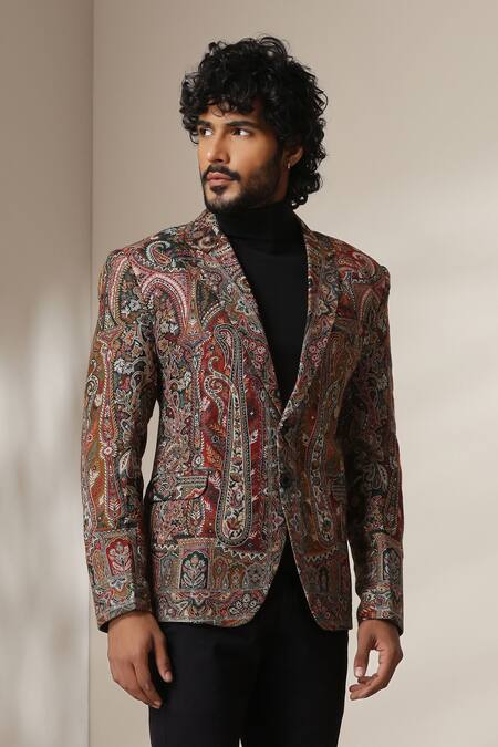 Buy Dusala Multi Color Pashmina Paisley Pattern Double Breasted Blazer Online at Aza Fashions Buy_Dusala_Multi Color Pashmina Paisley Pattern Double Breasted Blazer _Online_at_Aza_Fashions