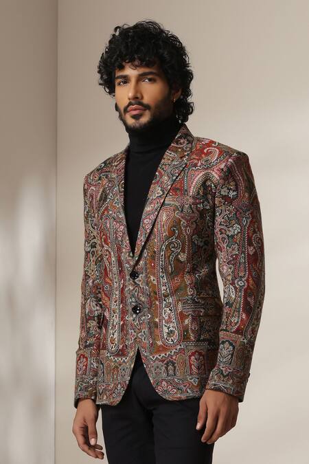 Shop Dusala Multi Color Pashmina Paisley Pattern Double Breasted Blazer Online at Aza Fashions Shop_Dusala_Multi Color Pashmina Paisley Pattern Double Breasted Blazer _Online_at_Aza_Fashions