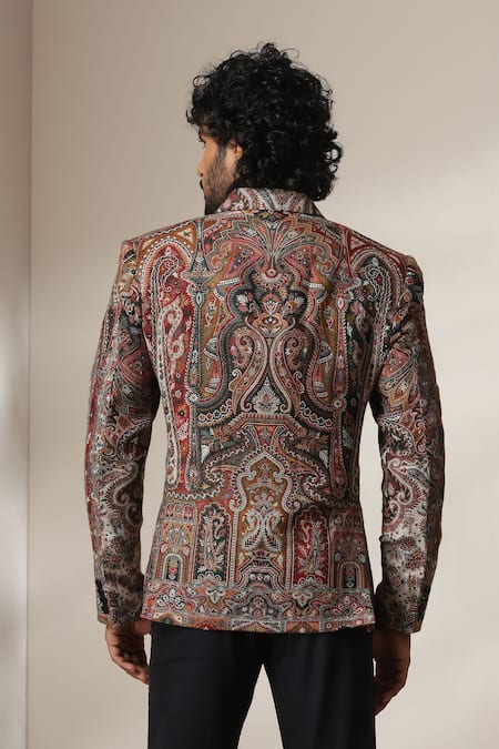 Shop Dusala Multi Color Pashmina Paisley Pattern Double Breasted Blazer at Aza Fashions Shop_Dusala_Multi Color Pashmina Paisley Pattern Double Breasted Blazer _at_Aza_Fashions