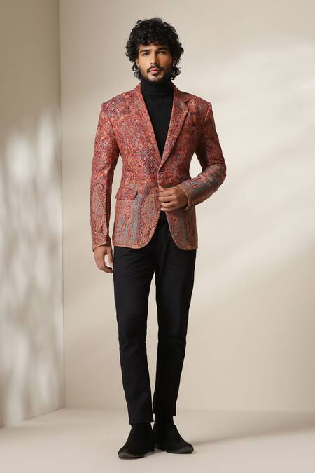 Dusala_Multi Color Pashmina Paisley Motif Double Breasted Blazer _Online_at_Aza_Fashions