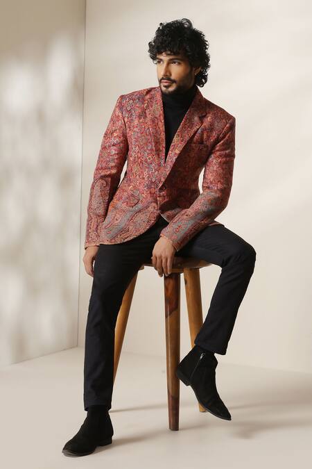 Buy_Dusala_Multi Color Pashmina Paisley Motif Double Breasted Blazer _Online_at_Aza_Fashions