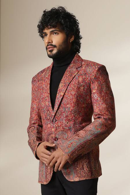 Shop_Dusala_Multi Color Pashmina Paisley Motif Double Breasted Blazer _Online_at_Aza_Fashions