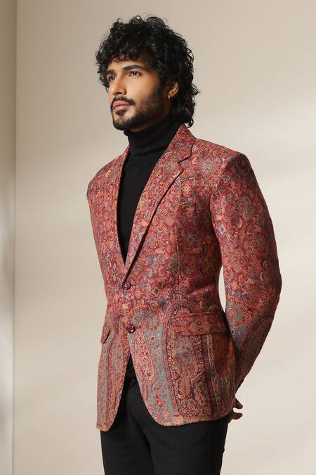 Dusala_Multi Color Pashmina Paisley Motif Double Breasted Blazer _at_Aza_Fashions