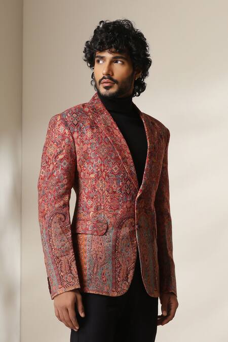 Buy_Dusala_Multi Color Pashmina Paisley Motif Double Breasted Blazer 