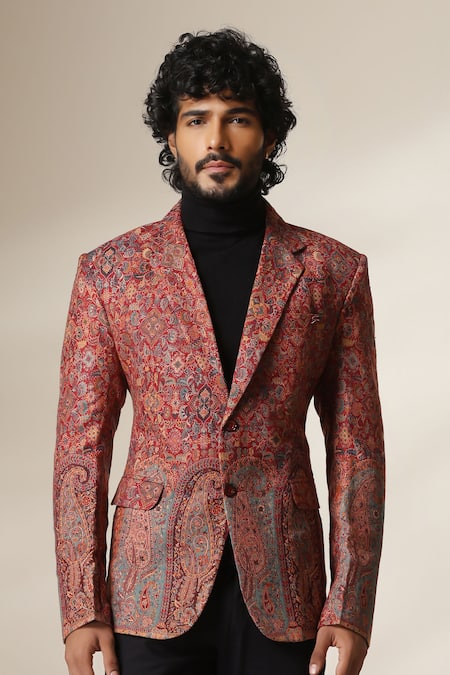 Dusala Multi Color Pashmina Paisley Motif Double Breasted Blazer