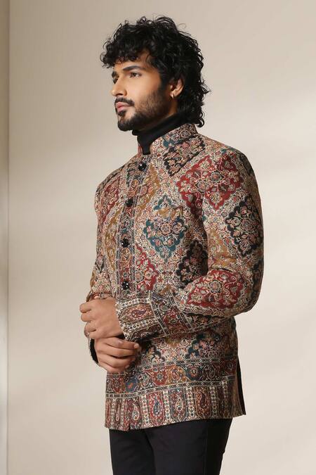 Shop Dusala Multi Color Pashmina Patchwork Print Bandhgala Online at Aza Fashions Shop_Dusala_Multi Color Pashmina Patchwork Print Bandhgala _Online_at_Aza_Fashions