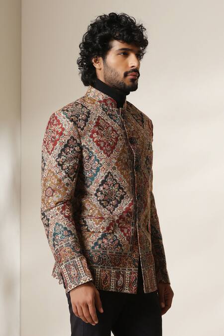 Dusala Multi Color Pashmina Patchwork Print Bandhgala at Aza Fashions Dusala_Multi Color Pashmina Patchwork Print Bandhgala _at_Aza_Fashions