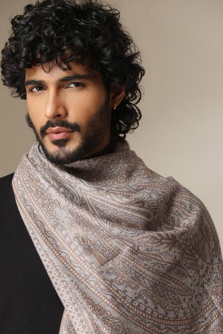 Shop Dusala Beige Paisley Pattern Pashmina Wool Shawl Online at Aza Fashions Shop_Dusala_Beige Paisley Pattern Pashmina Wool Shawl _Online_at_Aza_Fashions
