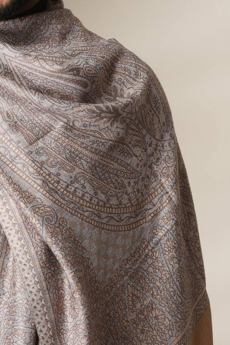 Dusala Beige Paisley Pattern Pashmina Wool Shawl at Aza Fashions Dusala_Beige Paisley Pattern Pashmina Wool Shawl _at_Aza_Fashions