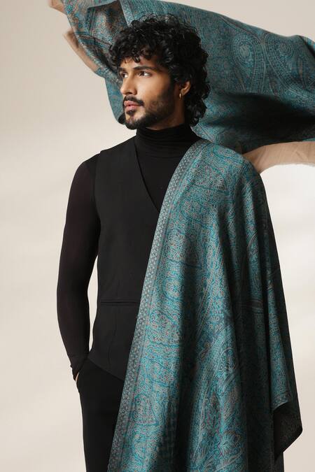 Dusala_Gold Paisley Pattern Pashmina Wool Shawl _Online_at_Aza_Fashions