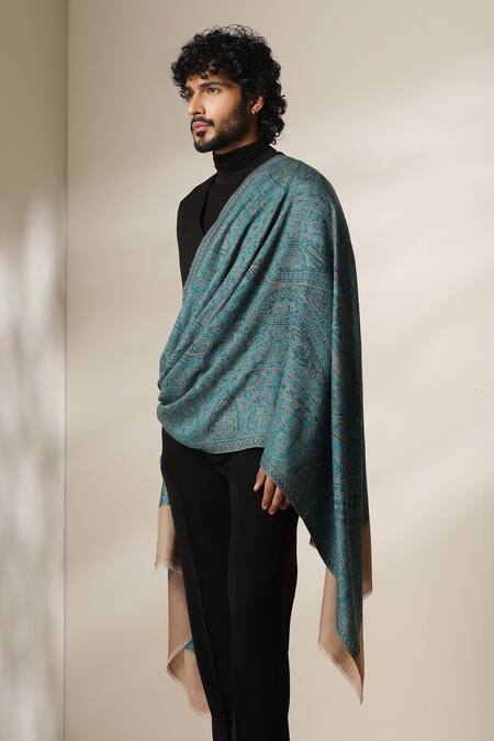 Buy_Dusala_Gold Paisley Pattern Pashmina Wool Shawl _Online_at_Aza_Fashions