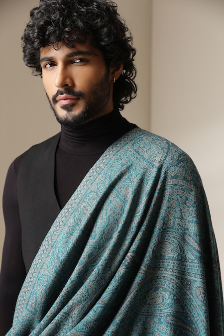 Dusala_Gold Paisley Pattern Pashmina Wool Shawl _at_Aza_Fashions