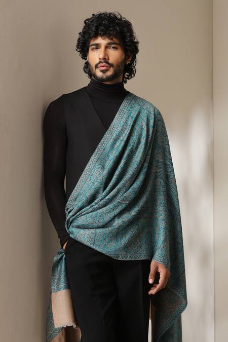 Buy_Dusala_Gold Paisley Pattern Pashmina Wool Shawl 