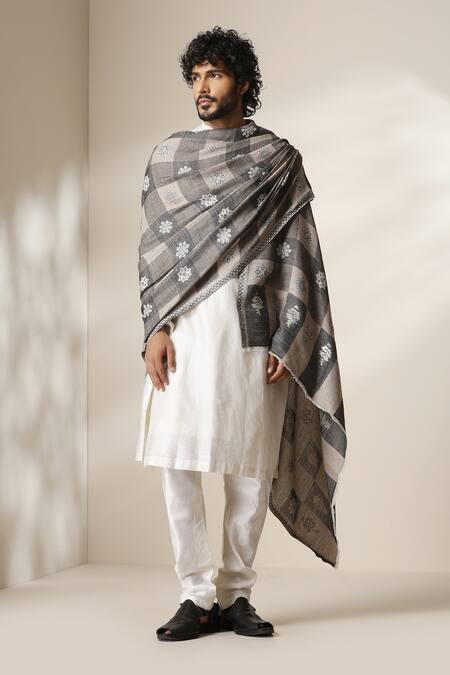 Buy_Dusala_Grey Checkered Floral Pattern Shawl _Online_at_Aza_Fashions