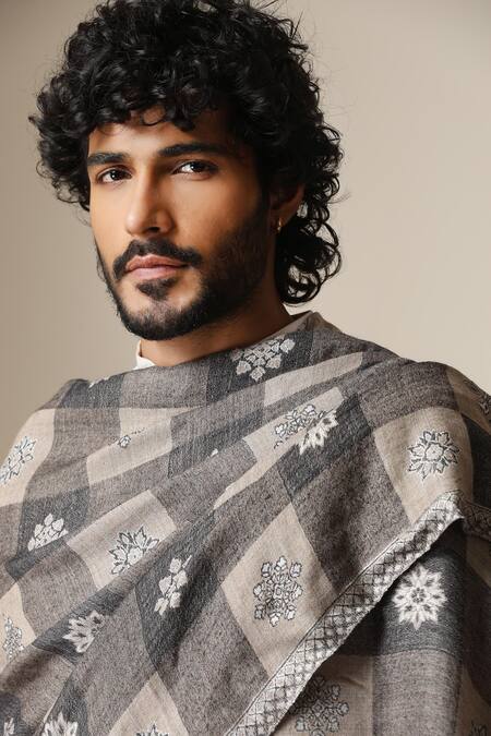 Shop_Dusala_Grey Checkered Floral Pattern Shawl _Online_at_Aza_Fashions