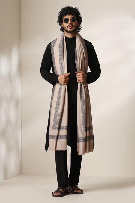 Dusala Beige Pashmina Silk Zari Border Motif Shawl Online at Aza Fashions Dusala_Beige Pashmina Silk Zari Border Motif Shawl _Online_at_Aza_Fashions