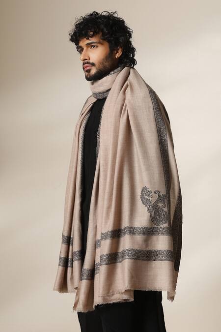 Buy Dusala Beige Pashmina Silk Zari Border Motif Shawl Online at Aza Fashions Buy_Dusala_Beige Pashmina Silk Zari Border Motif Shawl _Online_at_Aza_Fashions