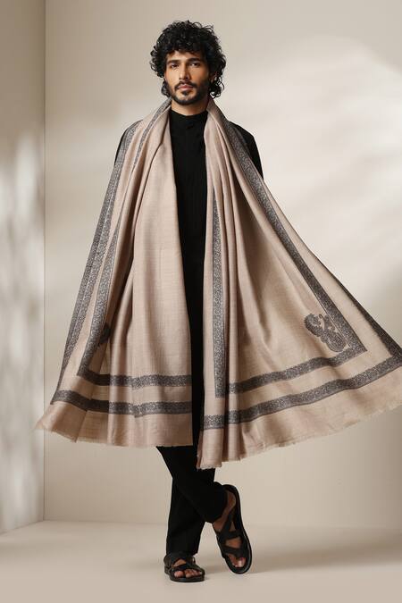 Shop Dusala Beige Pashmina Silk Zari Border Motif Shawl Online at Aza Fashions Shop_Dusala_Beige Pashmina Silk Zari Border Motif Shawl _Online_at_Aza_Fashions