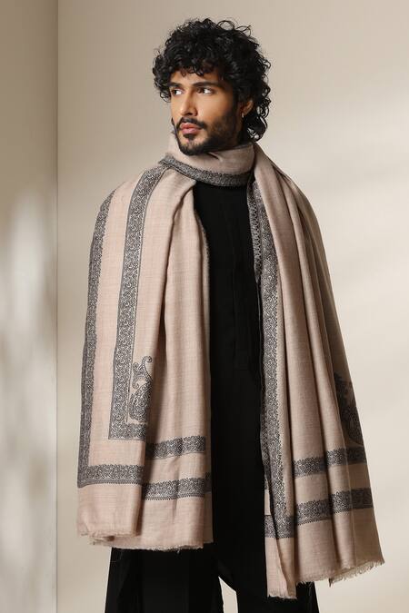 Dusala Beige Pashmina Silk Zari Border Motif Shawl at Aza Fashions Dusala_Beige Pashmina Silk Zari Border Motif Shawl _at_Aza_Fashions