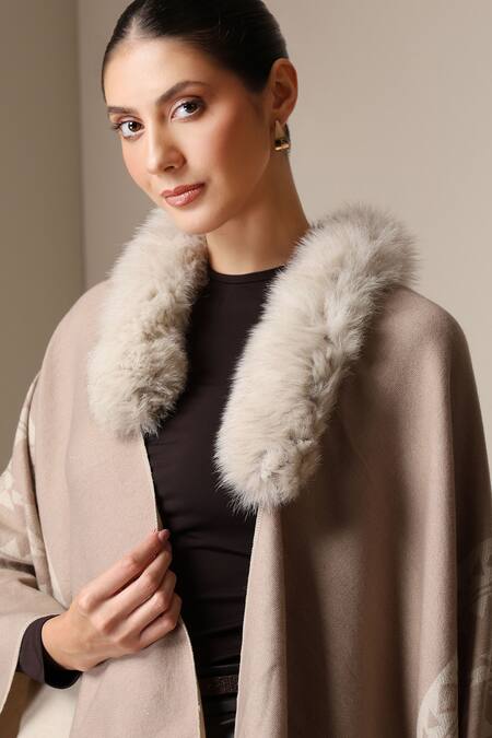 Dusala_Beige Open Neck Geometric Pattern Cape _Online_at_Aza_Fashions