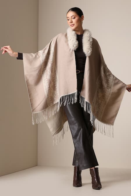 Buy_Dusala_Beige Open Neck Geometric Pattern Cape _Online_at_Aza_Fashions