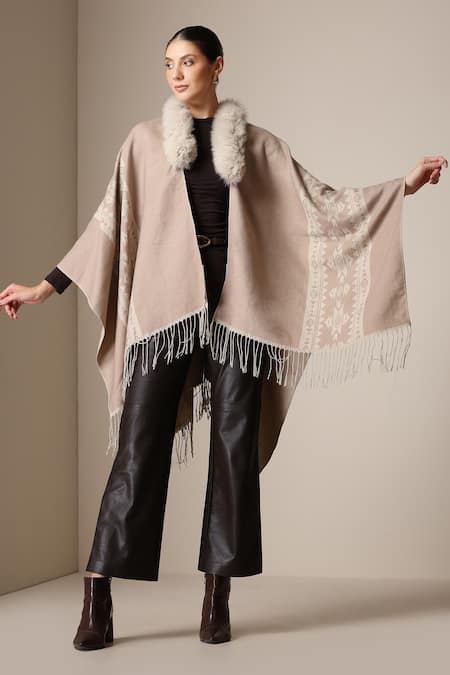 Shop_Dusala_Beige Open Neck Geometric Pattern Cape _Online_at_Aza_Fashions