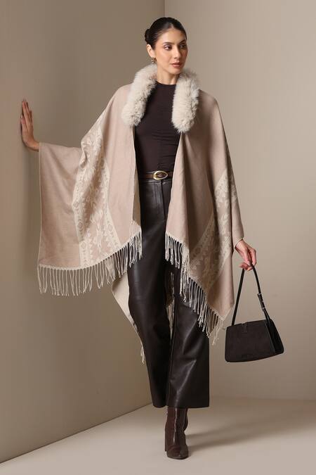 Dusala_Beige Open Neck Geometric Pattern Cape _at_Aza_Fashions