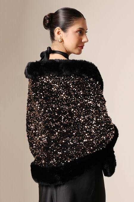 Dusala_Black Open Neck Sequin Hand Embellished Cape _at_Aza_Fashions