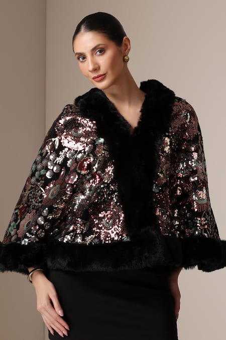 Dusala Sequin Floral Embellished Cape