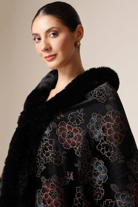 Buy_Dusala_Black Open Neck Vegan Fur Floral Brocade Cape _Online_at_Aza_Fashions