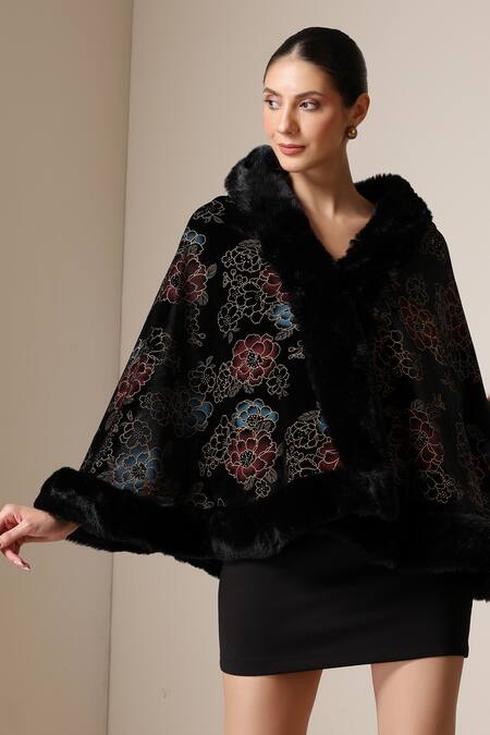 Shop_Dusala_Black Open Neck Vegan Fur Floral Brocade Cape _Online_at_Aza_Fashions