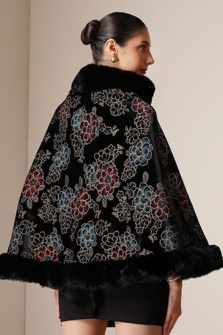 Dusala Vegan Fur Floral Brocade Cape