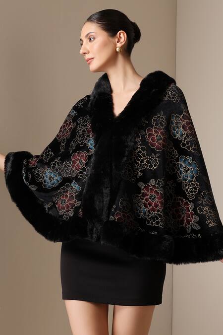 Dusala_Black Open Neck Vegan Fur Floral Brocade Cape _at_Aza_Fashions