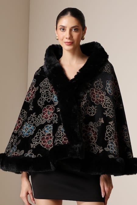 Dusala Vegan Fur Floral Brocade Cape