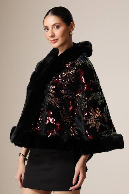 Shop_Dusala_Black Open Neck Floral Sequin Embellished Cape _Online_at_Aza_Fashions