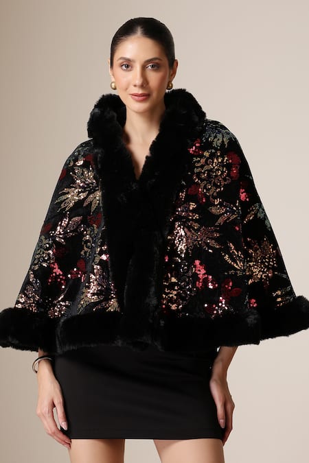 Dusala Floral Sequin Embellished Cape