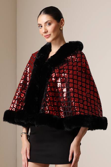 Dusala_Red Open Neck Sequin Embellished Cape _Online_at_Aza_Fashions