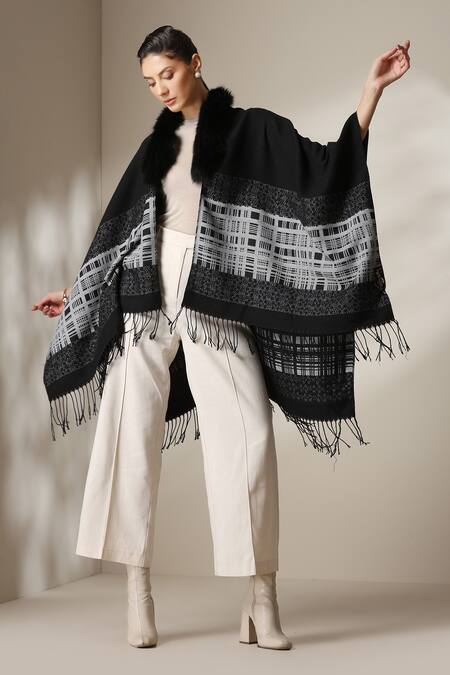 Dusala_Black Open Neck Vegan Fur Checkered Cape _Online_at_Aza_Fashions