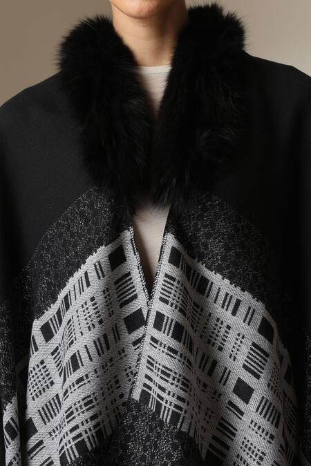 Buy_Dusala_Black Open Neck Vegan Fur Checkered Cape _Online_at_Aza_Fashions