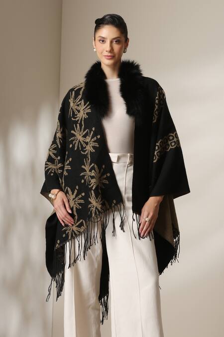 Dusala_Black Open Neck Vegan Fur Cape _Online_at_Aza_Fashions