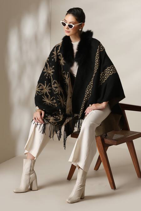 Buy_Dusala_Black Open Neck Vegan Fur Cape _Online_at_Aza_Fashions