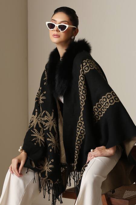 Shop_Dusala_Black Open Neck Vegan Fur Cape _Online_at_Aza_Fashions